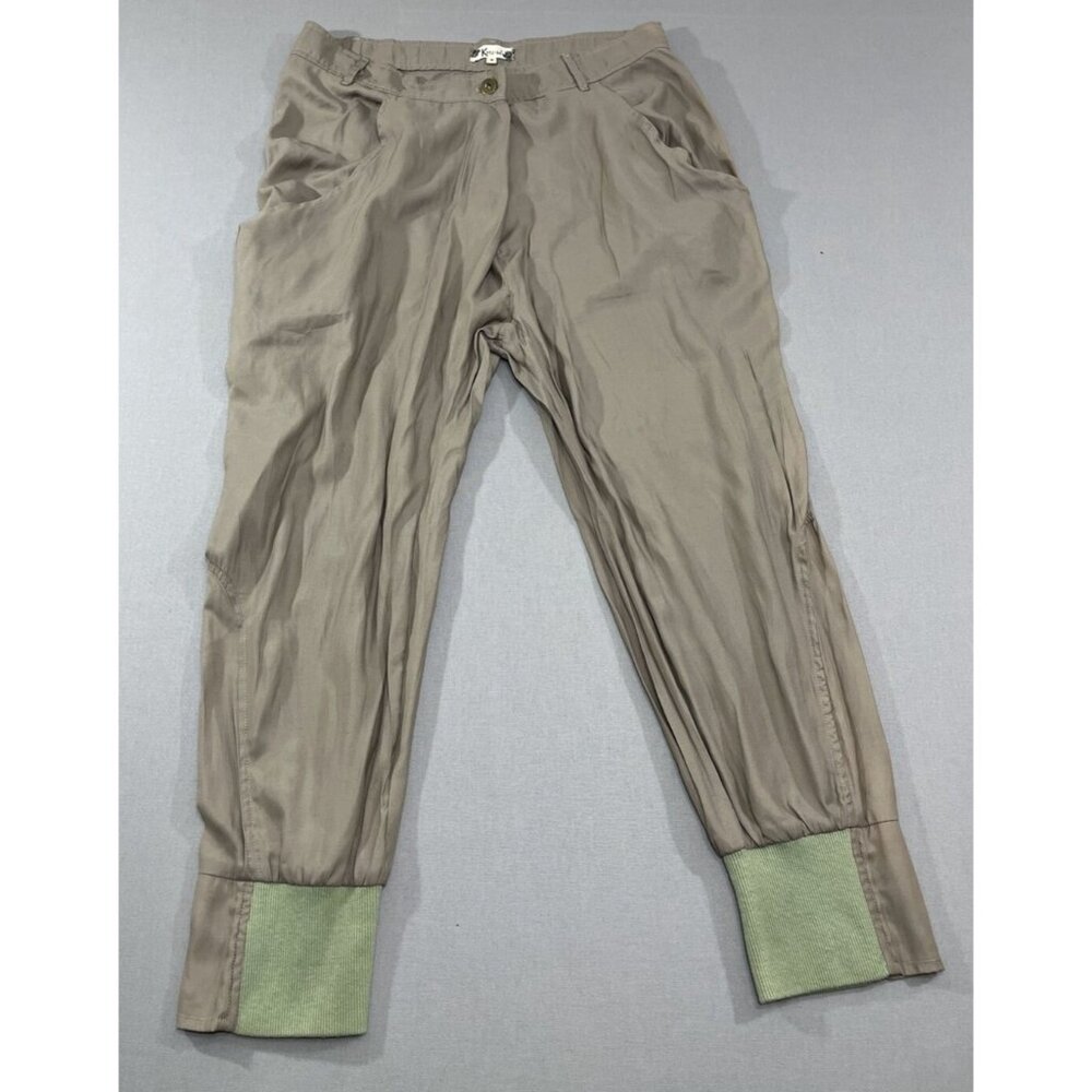 Ketz-ke Beige Jogger Pants with Oliver Green Detail Around Ankles Comfort Pants